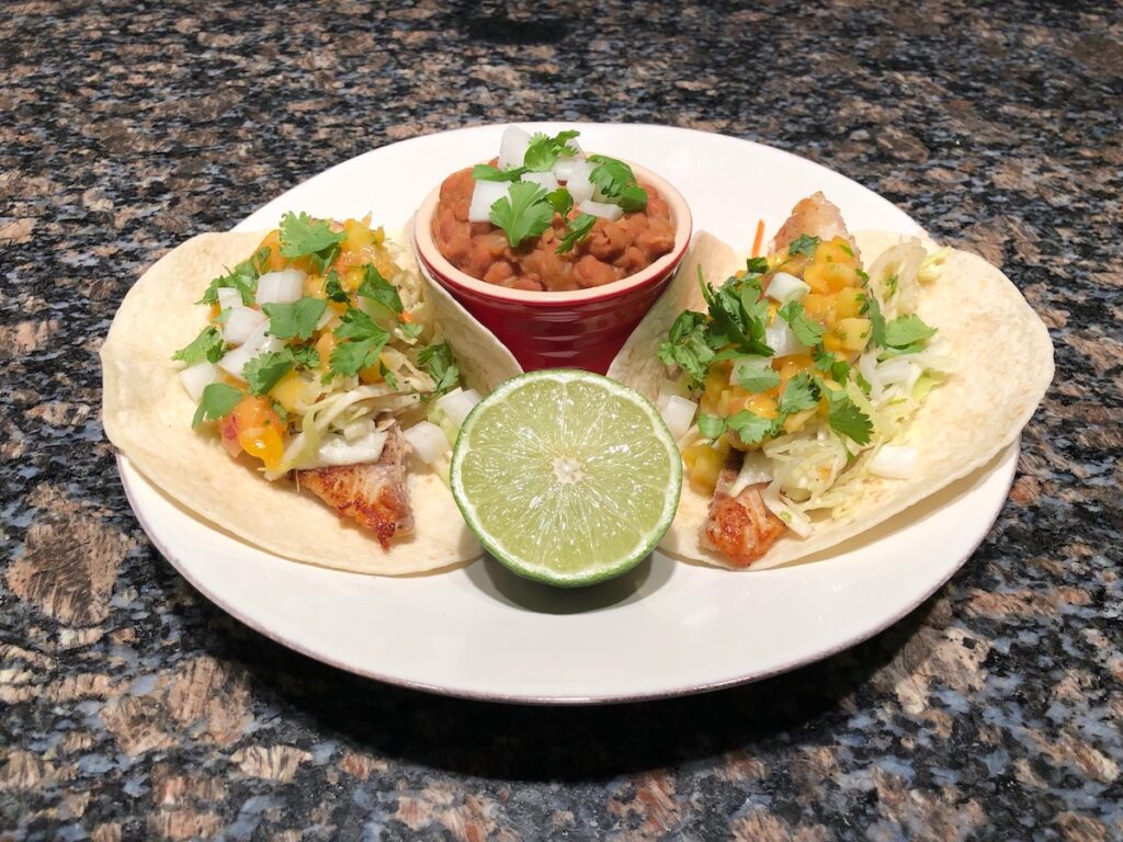 Walleye Tacos with Cabbage Slaw and Beer Beans